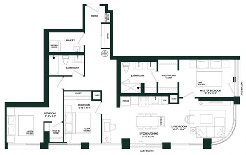 Floor plan for 3 beds, 2 baths, 1291 sqft